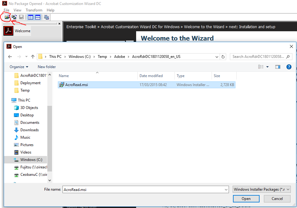 Install-Adobe/Acrobat-Customization-Wizard---Open-Project