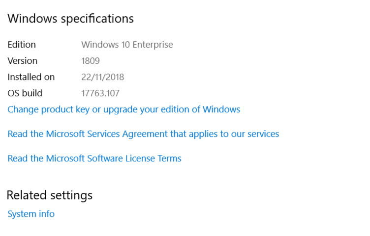 WIndows 10 1809 version